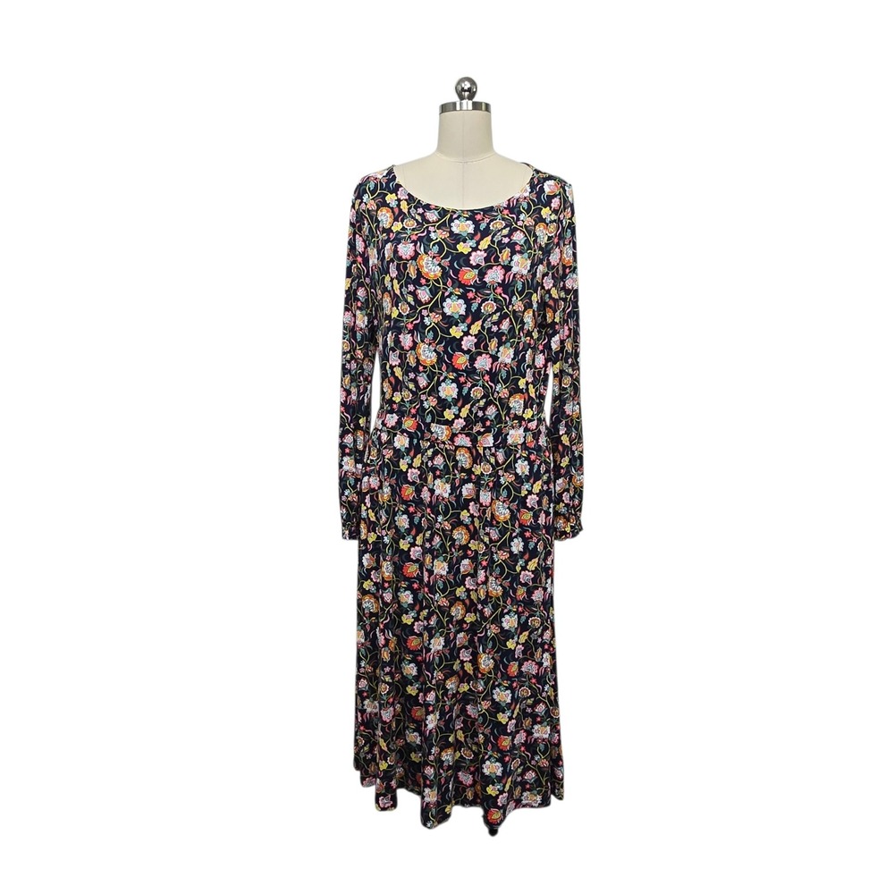 Boden Navy Blue Floral Viscose Jersey Long Sleeve Midi Dress Size US 12R